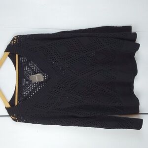 Torrid Black Pointelle Knit Eyelet Pop Over Sweater Crochet Mod Edgy Sz.L
